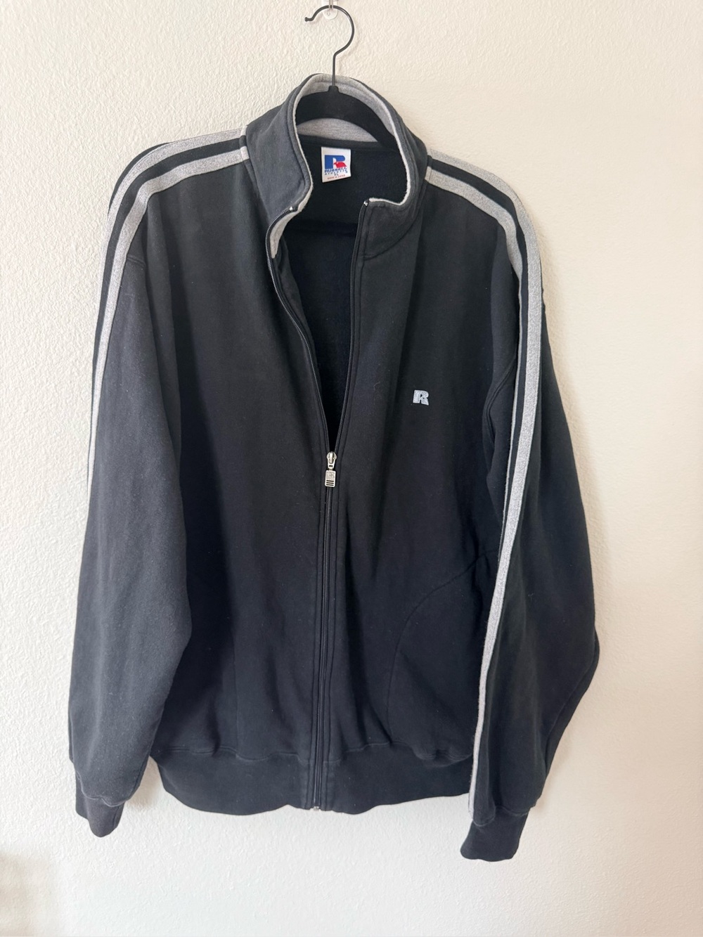 Vintage Russell Athletic Full Zip Track Jacket XL Black Gray Stripe Embroidered